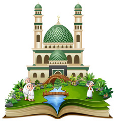 Wall Mural - Open book with Happy Muslim grandfather with his grandson pointing ups