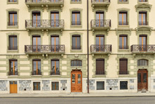 The Facade Of The Old House. The Building In Geneva.