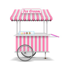 Realistic Street Food Cart With Wheels. Mobile Pink Ice Cream Market Stall Template. Ice Cream Kiosk Store Mockup. Vector Illustration