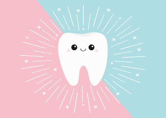 Healthy tooth icon. Cute kawaii face with eyes and smile. Round line circle. Flat design. Oral dental hygiene. Children teeth care. Shining effect stars. Pink blue pastel color background.