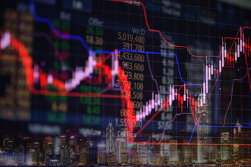 Double exposure of candle stick graph chart with indicator with stock market price screen and city background, stock exchange trading, investment and financial concept.