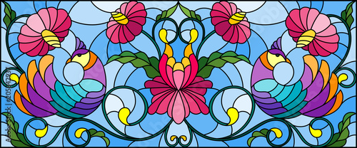 Dekoracja na wymiar  ilustracja-w-stylu-witrazu-z-para-abstrakcyjnych-fioletowych-ptakow-kwiatow-i-wzorow
