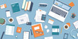 © vectorhot - Workplace Desktop background. Top view of table, laptop, folder, documents, notepad, business card, purse, calendar, clock, books,coffee, passport, crumpled paper. Business background, organization.