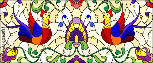 Dekoracja na wymiar  ilustracja-w-stylu-witrazu-z-para-kogutow-kwiatow-i-wzorow-na-zolto
