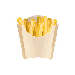 Poster - French fries in packaging box. Unhealthy nutrition. Street lunch. Flat vector design for fast food cafe, promo poster or flyer