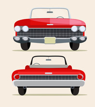 Retro Red Car Vintage Isolated. Front And Rear View. Vector Flat Style Illustration