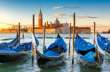 Venice Sunrise. Gondolas By Saint Mark Square With San Giorgio Di Maggiore Church In Venice, Italy,