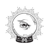 Fototapeta  - Hand drawn fortune telling magic crystal ball with eye of providence . Boho chic line art tattoo, poster or altar veil print design vector illustration.