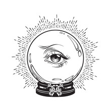 Hand drawn fortune telling magic crystal ball with eye of providence . Boho chic line art tattoo, poster or altar veil print design vector illustration.