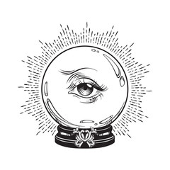 Wall Mural - Hand drawn fortune telling magic crystal ball with eye of providence . Boho chic line art tattoo, poster or altar veil print design vector illustration.