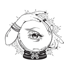 Wall Mural - Hand drawn magic crystal ball with eye of providence in hands of fortune teller. Boho chic line art tattoo, poster or altar veil print design vector illustration.