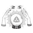 Hand drawn magic crystal ball with Triquetra or Trinity knot in hands of fortune teller line art and dot work. Boho chic tattoo, poster or altar veil print design vector illustration.