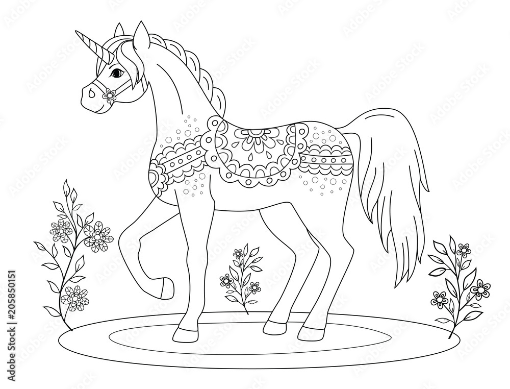 Obraz coloring page, fairy-tale unicorn in folk style, fototapeta na