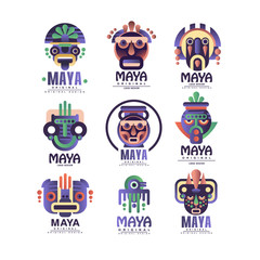 Canvas Print - Maya logo original design set, emblems with ethnic mask, Aztec signs vector Illustrations on a white background