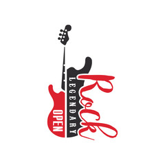 Poster - Rock legendary open logo, black and red emblem for rock club or festival with electric guitar vector Illustration on a white background