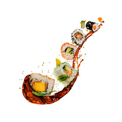 Poster - Flying sushi pieces on white background