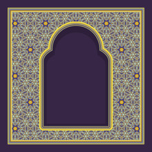 Patterned Arched Window Frame In Oriental Traditional Style. Colorful Ornament For Greeting Card Design.