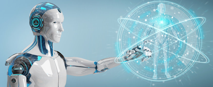 White man robot scanning human body 3D rendering