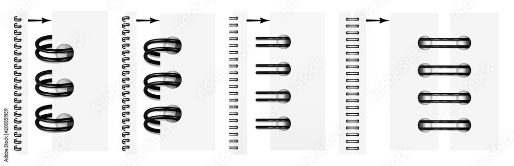 Vector set of realistic images (mock-up, layout) of black spirals for a notebook: a top view, a perspective view, a spiral of an open notepad. The image is created using the gradient mesh. EPS 10. - obrazy, fototapety, plakaty 