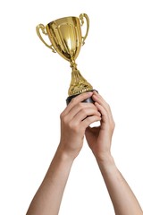 raised hands of a man are holding trophy. isolated on white background.