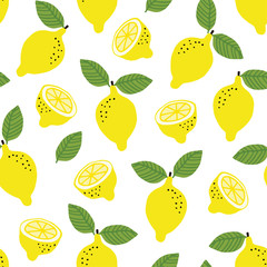 Wall Mural - Hand drawn seamless pattern with yellow lemon fruit and leaves. Summer retro fabric design, cartoon illustration, vector background.