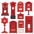 Red english post box set with vertical pillar letter-box, public wall letterbox and pedestal mail posts with envelope and horn symbols. Vintage mailbox set with classic london post box icons.