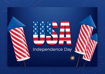 Wall Mural - USA Independence Day. Holiday Fourth of July greeting banner. Modern layout with USA typography and fireworks rockets