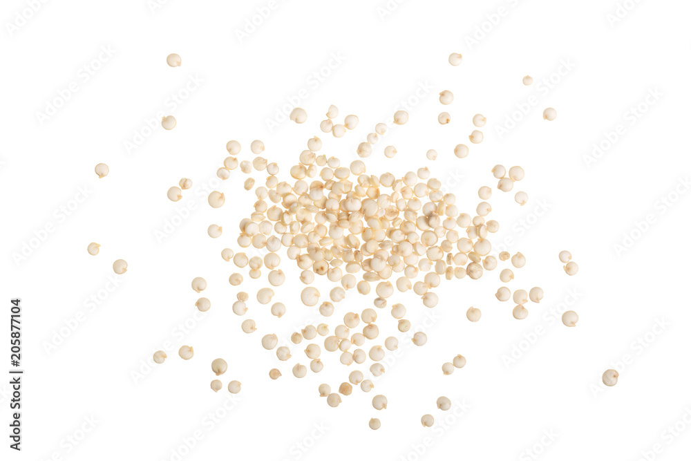white quinoa seeds isolated on white background. Top view - obrazy, fototapety, plakaty 