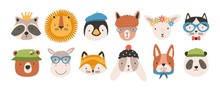 Collection Of Cute Funny Animal Faces Or Heads Wearing Glasses, Hats, Headbands And Wreaths. Set Of Various Cartoon Muzzles Isolated On White Background. Colorful Hand Drawn Vector Illustration.
