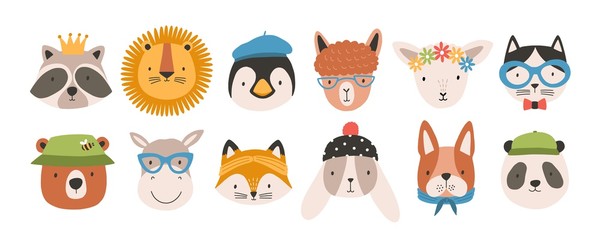 collection of cute funny animal faces or heads wearing glasses, hats, headbands and wreaths. set of 