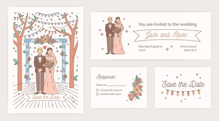 Wall Mural - Collection of Save The Date card, wedding party invitation and response note templates with cartoon bride and groom on white background. Colorful vector illustration for in modern line art style.