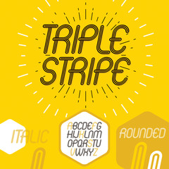 Poster - Vector cool capital alphabet letters collection. Retro italic rounded type font, script from a to z best for use in logotype creation. Made with triple stripy decoration.