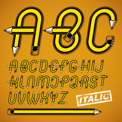 Poster - Vector capital alphabet letters collection made using office supplies design, wooden pencils. Can be used as logo design elements in copywriting business advertising.