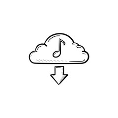 Sticker - Cloud music concept hand drawn outline doodle icon. Note on a cloud as a symbol of audio files download vector sketch illustration for print, web, mobile and infographics isolated on white background.