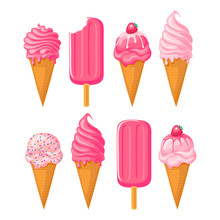 Pink Ice Cream Set On White Background