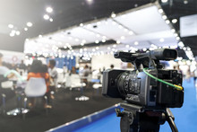 Behind The Film Shooting Video,movie On Digital Camera. Taking Photo,cinema Broadcast Television,show Production Maker Of Events, Convention Or Exhibition. Expo News With Footage Equipment Concept.