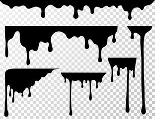 black dripping oil stain, liquid drips or paint current vector ink silhouettes isolated