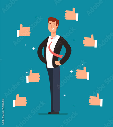 Cuadros en Lienzo Cartoon proud employee with many thumbs up hands of businessmen