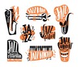 Collection of jazz music lettering written with creative font and decorated with various musical instruments isolated on white background - piano, drums, saxophone, trumpet. Vector illustration.