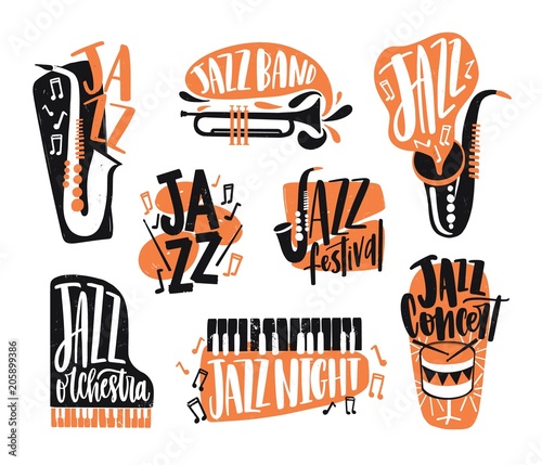 Collection of jazz music lettering written with creative font and decorated with various musical instruments isolated on white background - piano, drums, saxophone, trumpet Tableau sur Toile