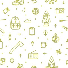 Seamless pattern with hiking and touristic equipment and tools for camping trip and travel drawn with green contour lines on white background. Monochrome vector illustration in trendy line art style.