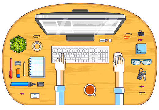 Office worker or entrepreneur working on a PC computer, top view of workspace desk with human hands and diverse stationery objects. All elements are easy to use separately. Vector illustration.
