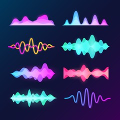 Poster - Bright color sound voice waves isolated on dark background. Abstract waveform, music pulse and equalizer wave vector set