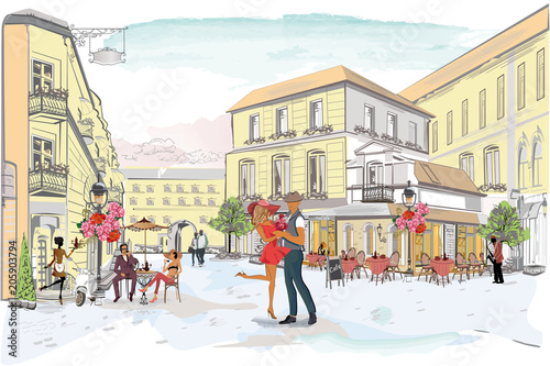Series of the street cafes with people, men and women, in the old city, vecto...
