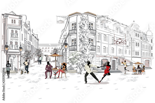 Series of the street cafes with people, men and women, in the old city, vecto...