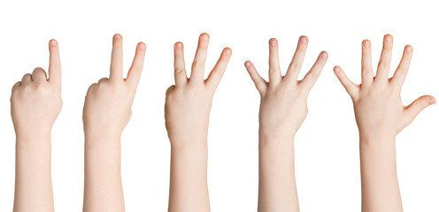 Set of white child hands showing figures, counting