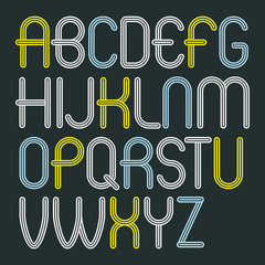 Fototapete - Set of disco vector upper case English alphabet letters isolated. Funky rounded font, typescript for use in logo design. Created using geometric triple stripes.