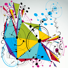 Fototapete - Bauhaus art 3d composition with low poly deformed object, perspective colorful modular vector wallpaper made using circles and wires mesh. Graphic backdrop for use as booklet cover template.