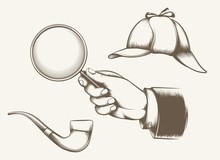 Vintage Detective Elements. Hand With Magnifying Glass, Smoking Pipe And Hat Inspired By Sir Arthur Conan Doyle Novels Hand Drawn Vector Illustration