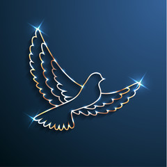 Wall Mural - Golden shiny dove silhouette with sparkles on blue background - eps10 vector illustration